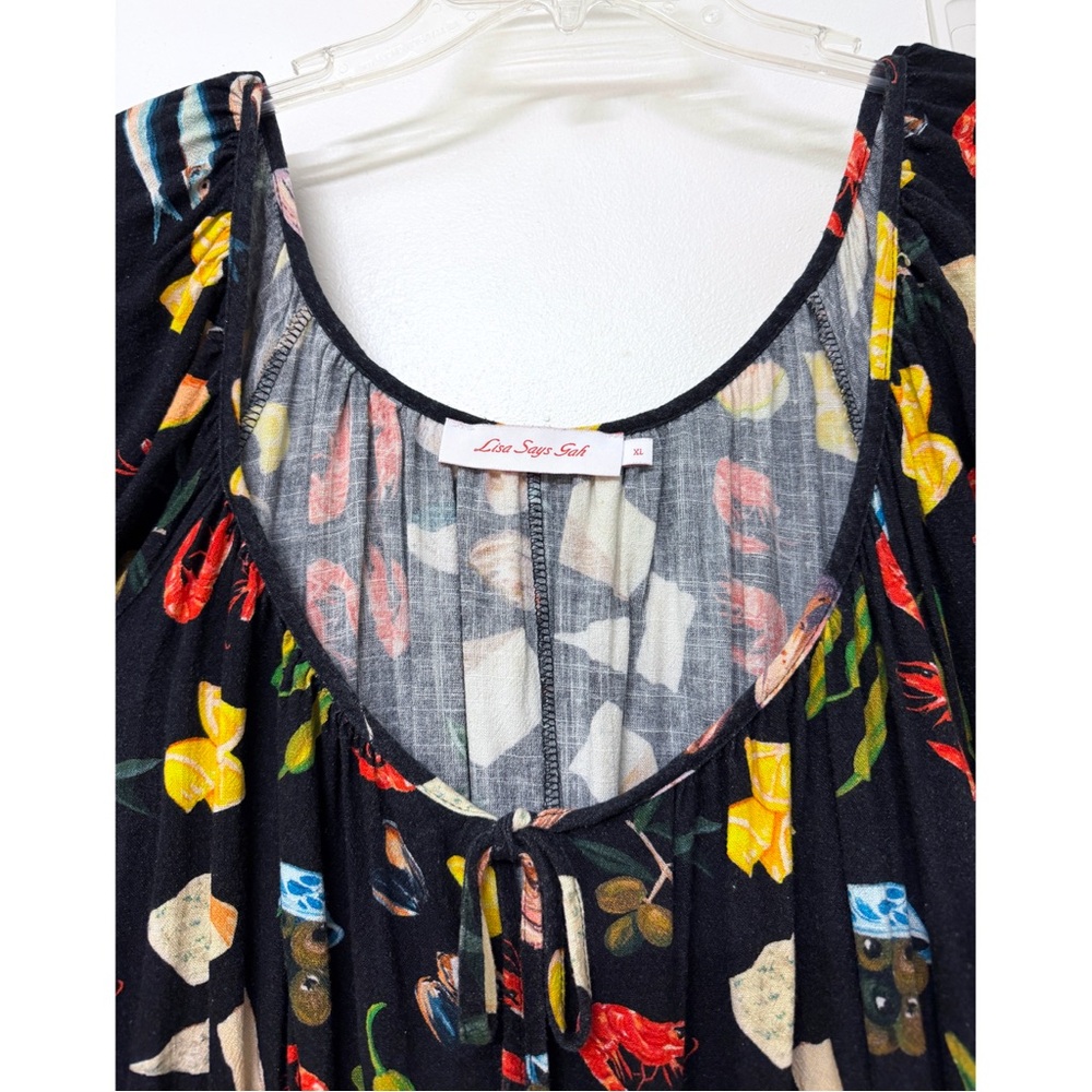 Lisa Says Gah Lux Food Print Maxi Dress Tapas Black Lemon Olive Fruit XL - Picture 4 of 14